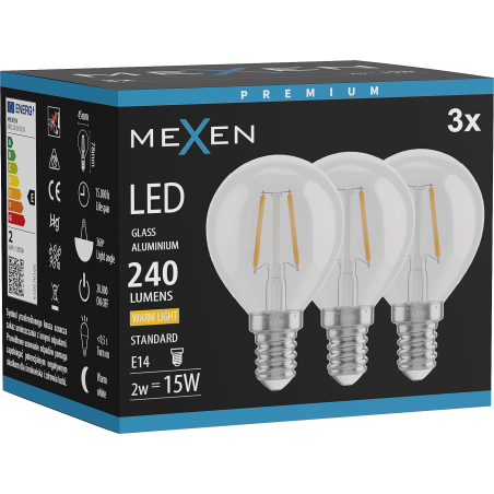 Mexen Vintis 3x LED vlákno žiarovka E14, G45, 2W, Teplá - 2700K, 240 lm, priehľadná - L156-E14-0227-00x03