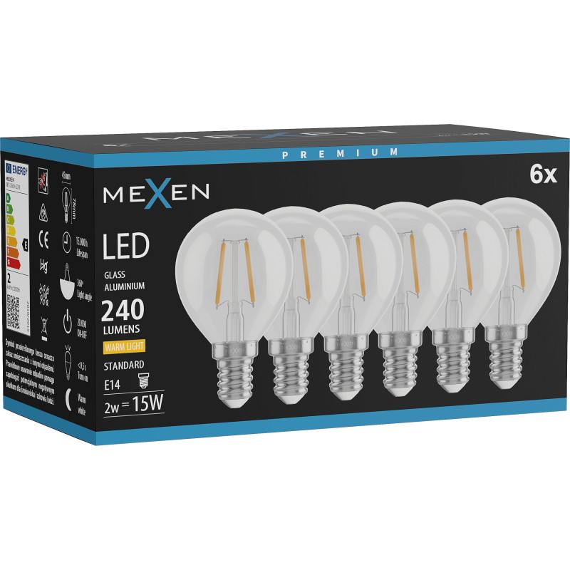 Mexen Vintis 6x LED filamentová žiarovka E14, G45, 2W, Teplá - 2700K, 240 lm, číra - L156-E14-0227-00x06