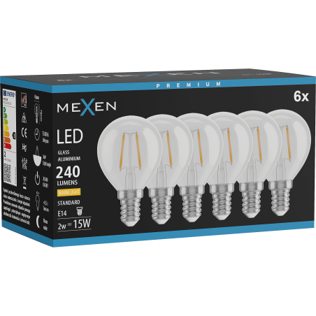 Mexen Vintis 6x LED filamentová žiarovka E14, G45, 2W, Teplá - 2700K, 240 lm, číra - L156-E14-0227-00x06