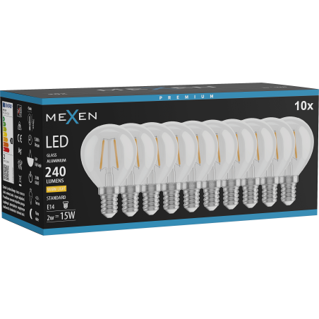 Mexen Vintis 10x žiarovka filament LED E14, G45, 2W, Teplá - 2700K, 240 lm, číra - L156-E14-0227-00x10