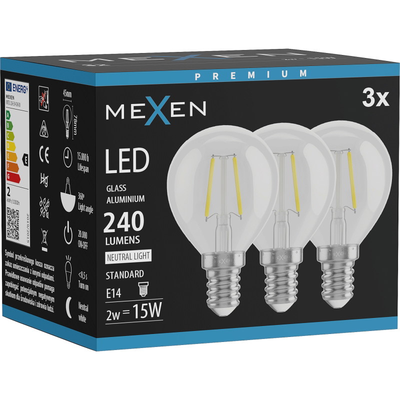 Mexen Vintis 3x LED filamentová žiarovka E14, G45, 2W, Neutrálna - 4000K, 240 lm, číra - L156-E14-0240-00x03