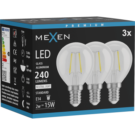 Mexen Vintis 3x LED filamentová žiarovka E14, G45, 2W, Neutrálna - 4000K, 240 lm, číra - L156-E14-0240-00x03