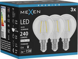 Mexen Vintis 3x LED filamentová žiarovka E14, G45, 2W, Neutrálna - 4000K, 240 lm, číra - L156-E14-0240-00x03