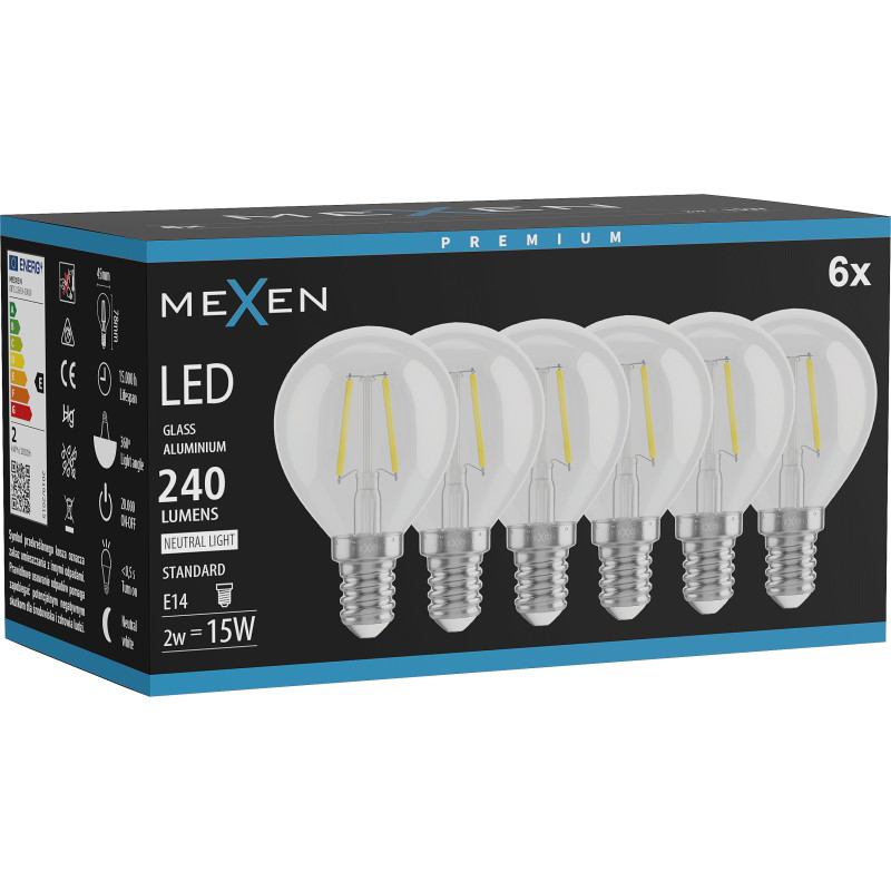 Mexen Vintis 6x žiarovka filament LED E14, G45, 2W, Neutrálna - 4000K, 240 lm, číra - L156-E14-0240-00x06