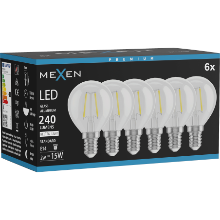 Mexen Vintis 6x žiarovka filament LED E14, G45, 2W, Neutrálna - 4000K, 240 lm, číra - L156-E14-0240-00x06