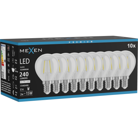 Mexen Vintis 10x LED žiarovka filament E14, G45, 2W, Neutrálna - 4000K, 240 lm, číra - L156-E14-0240-00x10