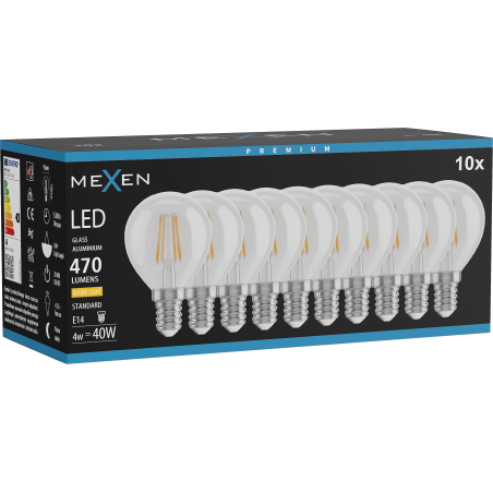 Mexen Vintis 10x LED vlákno žiarovka E14, G45, 4W, Teplá - 2700K, 470 lm, číra - L156-E14-0427-00x10