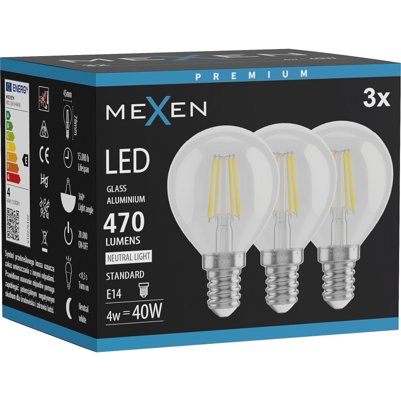 Mexen Vintis 3x Žiarovka filament LED E14, G45, 4W, Neutrálna - 4000K, 470 lm, číra - L156-E14-0427-00x03