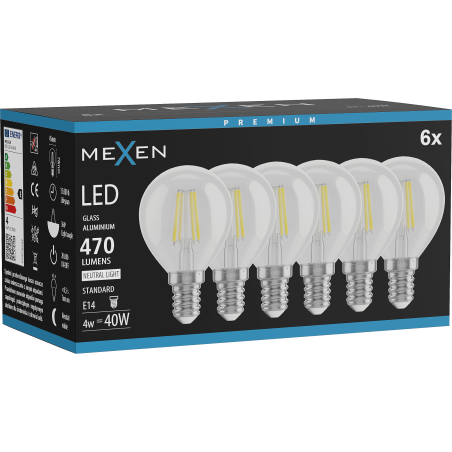 Mexen Vintis 6x LED žiarovka filament E14, G45, 4W, Neutrálna - 4000K, 470 lm, číra - L156-E14-0427-00x06