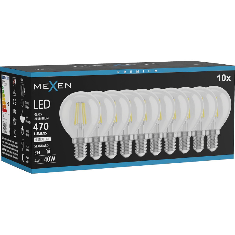 Mexen Vintis 10x žiarovka filament LED E14, G45, 4W, Neutrálna - 4000K, 470 lm, číra - L156-E14-0427-00x10