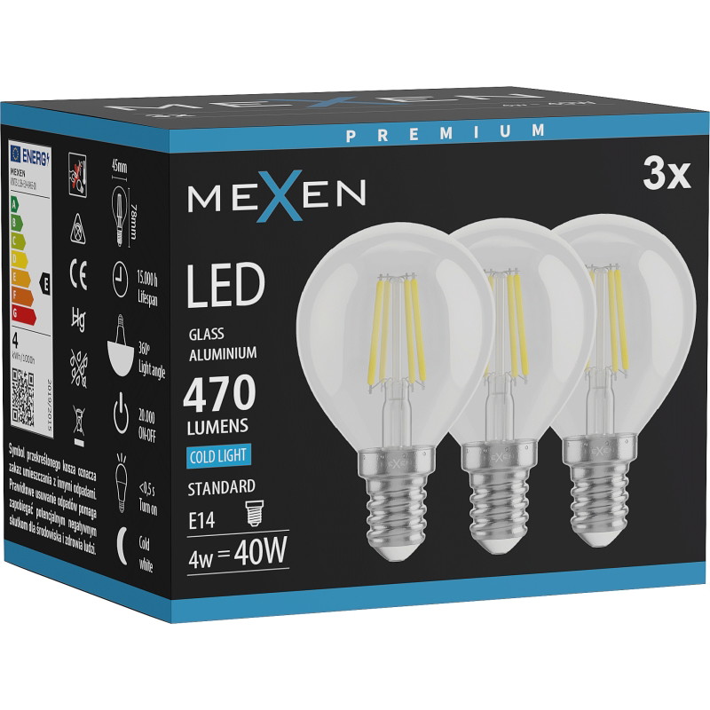 Mexen Vintis 3x LED žiarovka filament E14, G45, 4W, Studená - 6500K, 470 lm, číra - L156-E14-0465-00x03