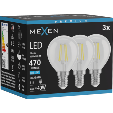 Mexen Vintis 3x LED žiarovka filament E14, G45, 4W, Studená - 6500K, 470 lm, číra - L156-E14-0465-00x03