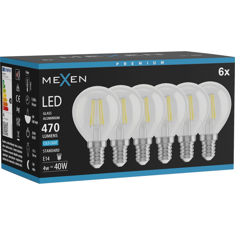 Mexen Vintis 6x LED žiarovka filament E14, G45, 4W, Studená - 6500K, 470 lm, číra - L156-E14-0465-00x06