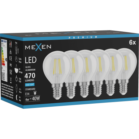 Mexen Vintis 6x LED žiarovka filament E14, G45, 4W, Studená - 6500K, 470 lm, číra - L156-E14-0465-00x06