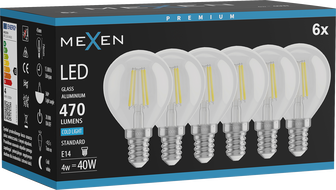 Mexen Vintis 6x LED žiarovka filament E14, G45, 4W, Studená - 6500K, 470 lm, číra - L156-E14-0465-00x06