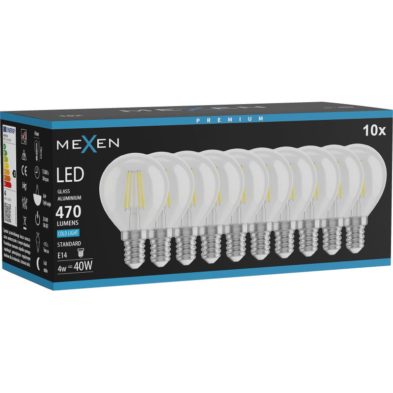 Mexen Vintis 10x Žiarovka filament LED E14, G45, 4W, Studená - 6500K, 470 lm, číra - L156-E14-0465-00x10