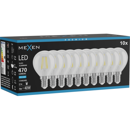 Mexen Vintis 10x Žiarovka filament LED E14, G45, 4W, Studená - 6500K, 470 lm, číra - L156-E14-0465-00x10