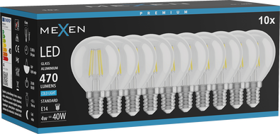 Mexen Vintis 10x Žiarovka filament LED E14, G45, 4W, Studená - 6500K, 470 lm, číra - L156-E14-0465-00x10