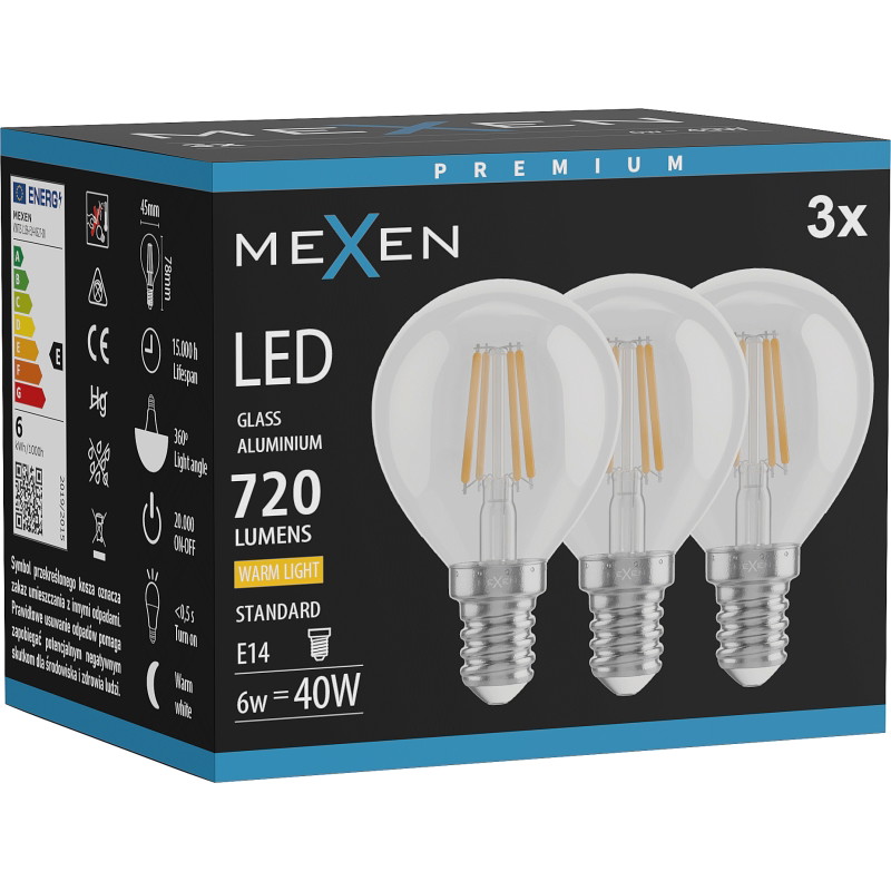 Mexen Vintis 3x LED žiarovka filament E14, G45, 6W, Teplá - 2700K, 720 lm, číra - L156-E14-0627-00x03