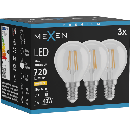 Mexen Vintis 3x LED žiarovka filament E14, G45, 6W, Teplá - 2700K, 720 lm, číra - L156-E14-0627-00x03