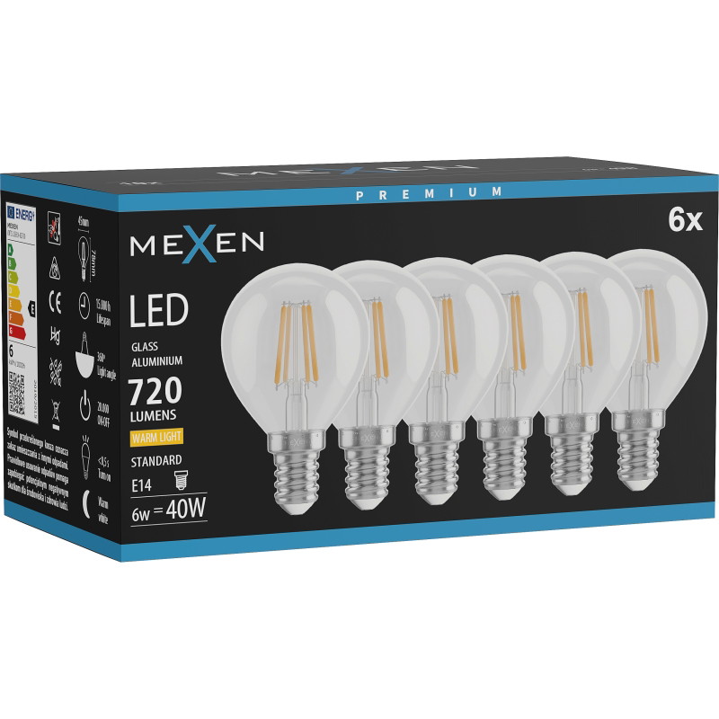 Mexen Vintis 6x Žiarovka filament LED E14, G45, 6W, Teplá - 2700K, 720 lm, číra - L156-E14-0627-00x06