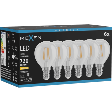 Mexen Vintis 6x Žiarovka filament LED E14, G45, 6W, Teplá - 2700K, 720 lm, číra - L156-E14-0627-00x06