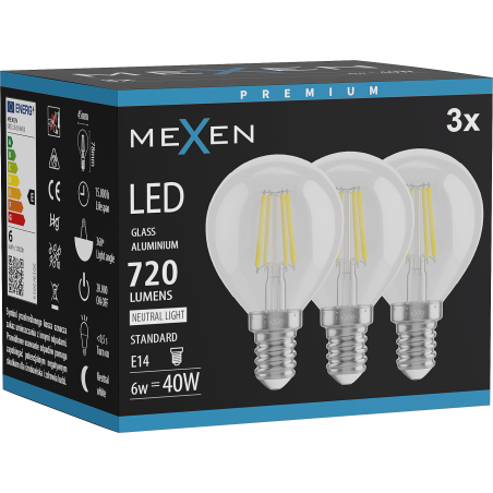 Mexen Vintis 3x LED vlákno žiarovka E14, G45, 6W, Neutrálna - 4000K, 720 lm, číra - L156-E14-0640-00x03