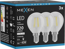 Mexen Vintis 3x LED vlákno žiarovka E14, G45, 6W, Neutrálna - 4000K, 720 lm, číra - L156-E14-0640-00x03