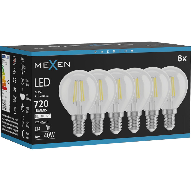 Mexen Vintis 6x LED žiarovka filament E14, G45, 6W, Neutrálny - 4000K, 720 lm, číra - L156-E14-0640-00x06