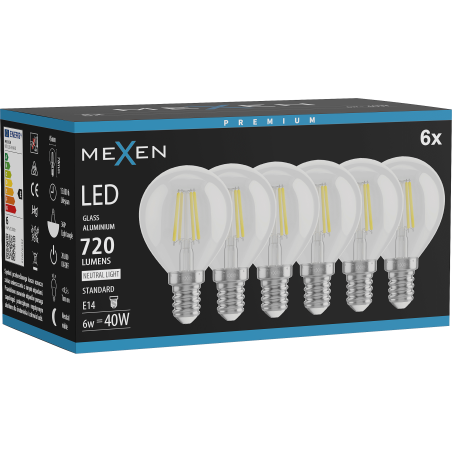 Mexen Vintis 6x LED žiarovka filament E14, G45, 6W, Neutrálny - 4000K, 720 lm, číra - L156-E14-0640-00x06