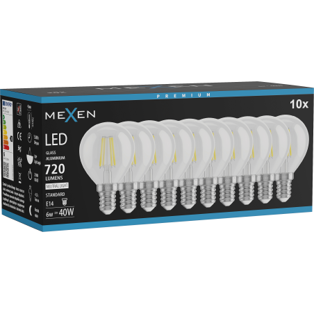 Mexen Vintis 10x žiarovka filament LED E14, G45, 6W, Neutrálna - 4000K, 720 lm, číra - L156-E14-0640-00x10