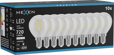 Mexen Vintis 10x žiarovka filament LED E14, G45, 6W, Neutrálna - 4000K, 720 lm, číra - L156-E14-0640-00x10