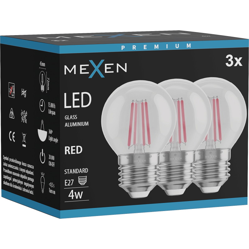 Mexen Vintis 3x Žiarovka filament LED E27, G45, 4W, 55 lm, červená - L156-E27-04XX-45x03