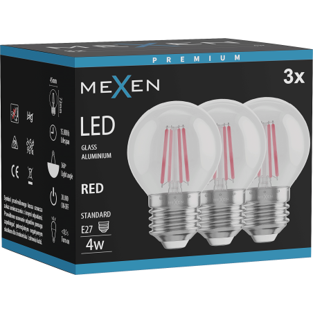 Mexen Vintis 3x Žiarovka filament LED E27, G45, 4W, 55 lm, červená - L156-E27-04XX-45x03