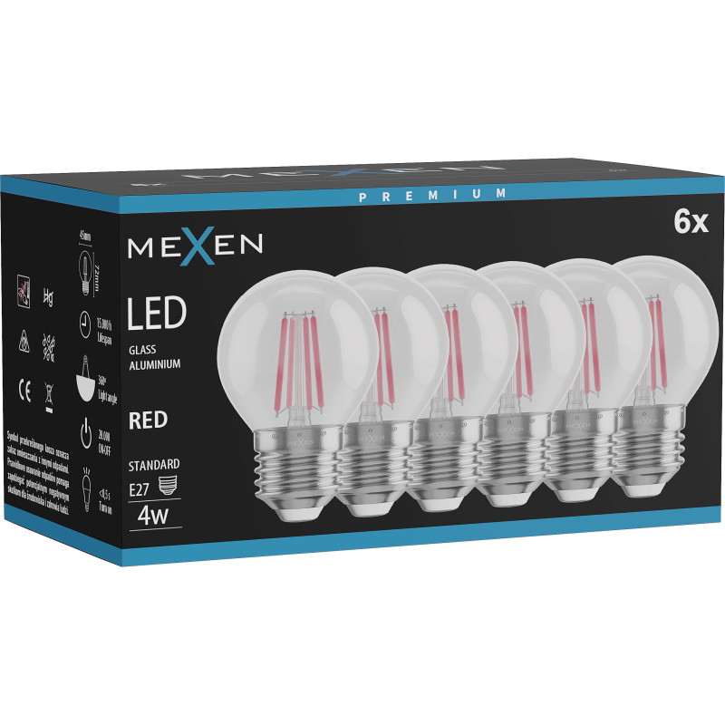 Mexen Vintis 6x LED žiarovka s vláknom E27, G45, 4W, 55 lm, červená - L156-E27-04XX-45x06