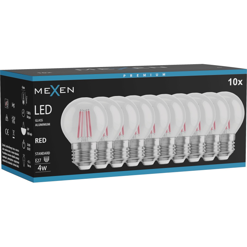 Mexen Vintis 10x žiarovka filament LED E27, G45, 4W, 55 lm, červená - L156-E27-04XX-45x10