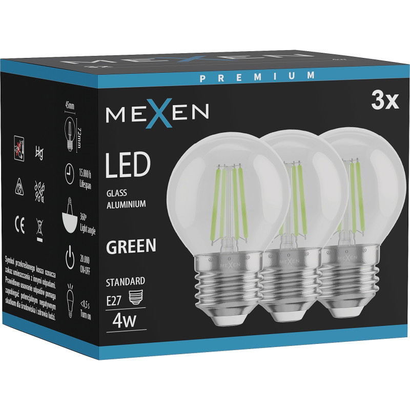 Mexen Vintis 3x LED filamentová žiarovka E27, G45, 4W, 55 lm, zelená - L156-E27-04XX-46x03