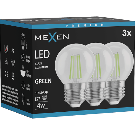 Mexen Vintis 3x LED filamentová žiarovka E27, G45, 4W, 55 lm, zelená - L156-E27-04XX-46x03