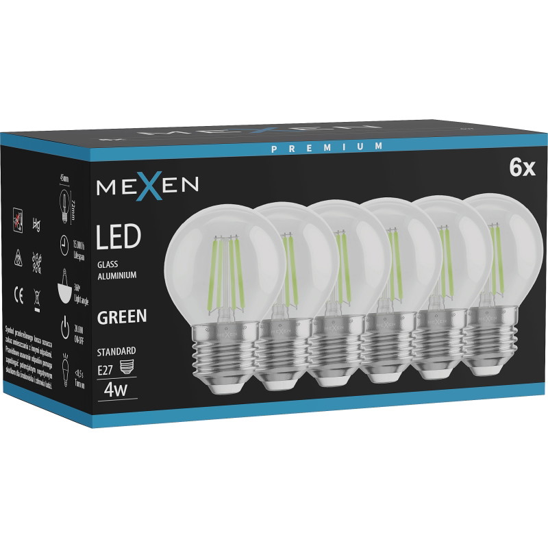 Mexen Vintis 6x Žiarovka filament LED E27, G45, 4W, 55 lm, zelená - L156-E27-04XX-46x06