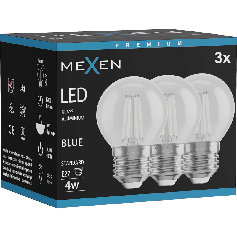 Mexen Vintis 3x Žiarovka filament LED E27, G45, 4W, 55 lm, modrá - L156-E27-04XX-47x03