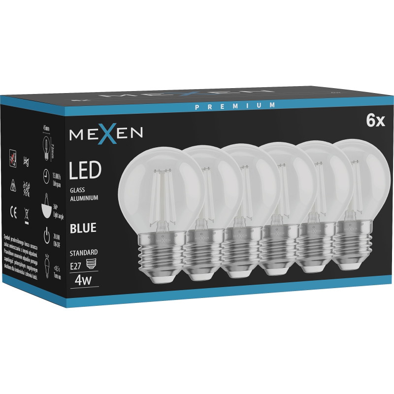 Mexen Vintis 6x žiarovka filament LED E27, G45, 4W, 55 lm, modrá - L156-E27-04XX-47x06