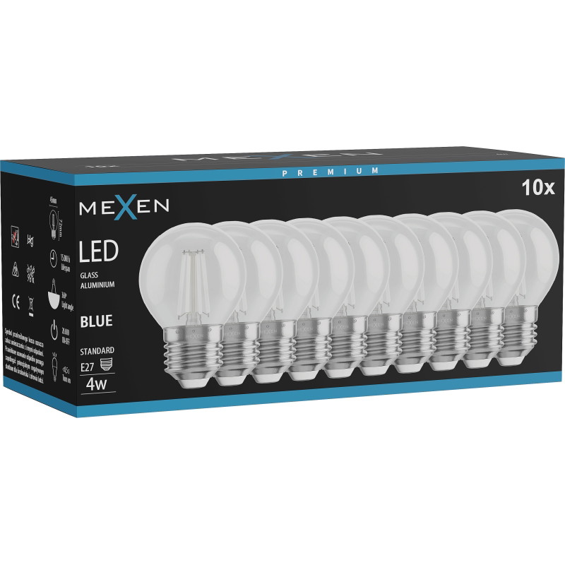 Mexen Vintis 10x Žiarovka filament LED E27, G45, 4W, 55 lm, modrá - L156-E27-04XX-47x10
