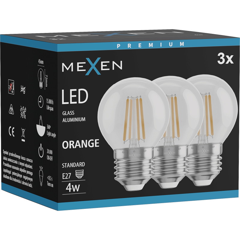 Mexen Vintis 3x LED vlákno žiarovka E27, G45, 4W, 55 lm, oranžová - L156-E27-04XX-48x03
