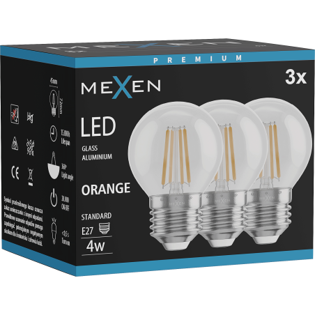 Mexen Vintis 3x LED vlákno žiarovka E27, G45, 4W, 55 lm, oranžová - L156-E27-04XX-48x03