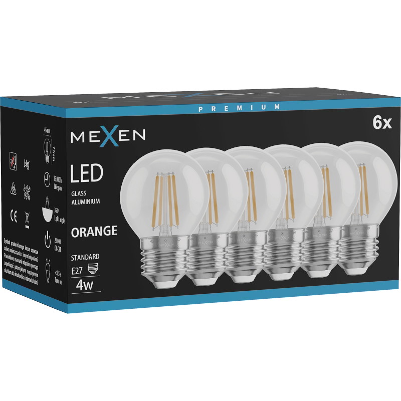 Mexen Vintis 6x Žiarovka filament LED E27, G45, 4W, 55 lm, oranžová - L156-E27-04XX-48x06