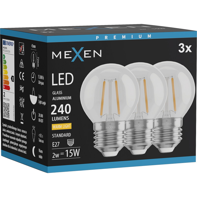Mexen Vintis 3x Žiarovka filament LED E27, G45, 2W, Teplá - 2700K, 240 lm, číra - L156-E27-0227-00x03