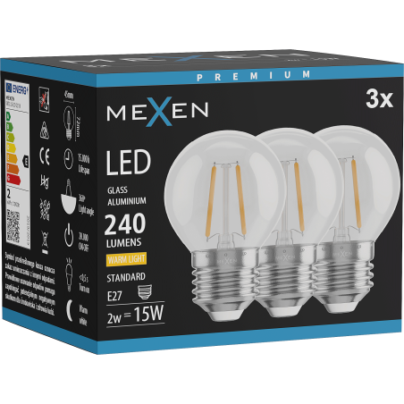 Mexen Vintis 3x Žiarovka filament LED E27, G45, 2W, Teplá - 2700K, 240 lm, číra - L156-E27-0227-00x03
