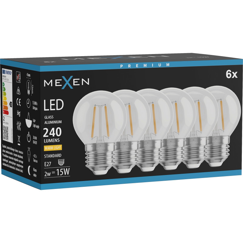 Mexen Vintis 6x Žiarovka filament LED E27, G45, 2W, Teplá - 2700K, 240 lm, clear - L156-E27-0227-00x06
