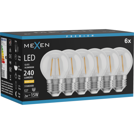 Mexen Vintis 6x Žiarovka filament LED E27, G45, 2W, Teplá - 2700K, 240 lm, clear - L156-E27-0227-00x06