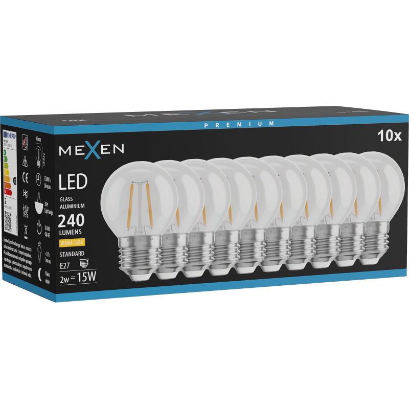 Mexen Vintis 10x LED žiarovka filament E27, G45, 2W, Teplá - 2700K, 240 lm, číra - L156-E27-0227-00x10